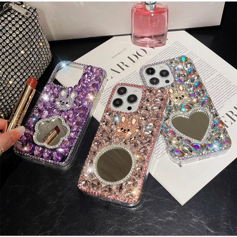 Luxury Rhinestone Phone Case With Makeup Mirror 3D Bunny Heart Flower Glitter PC Hard Cover Handmade For Smartphones