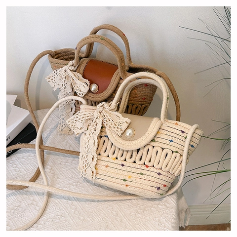 Borsa a Tracolla in Paglia Pastorale Francese Da Donna Con Bottone Di Perla Artificial Fiocco In Pizzo Pois Colorati Borsa Da Spiaggia Estiva