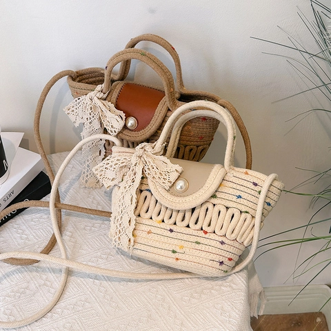 Damen Gewebte Stroh Umhängetasche Spitze Schleife Künstliche Perle Knopf Süße Pastoral Strand Crossbody Handtasche Urlaub