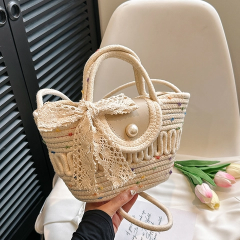 Damen Gewebte Stroh Umhängetasche Spitze Schleife Künstliche Perle Knopf Süße Pastoral Strand Crossbody Handtasche Urlaub