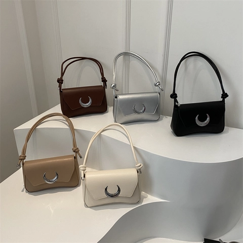 Women PU Leather Shoulder Bag Metal Crescent Moon Buckle Fashion Underarm Crossbody Purse Knotted Strap Daily Streetwear