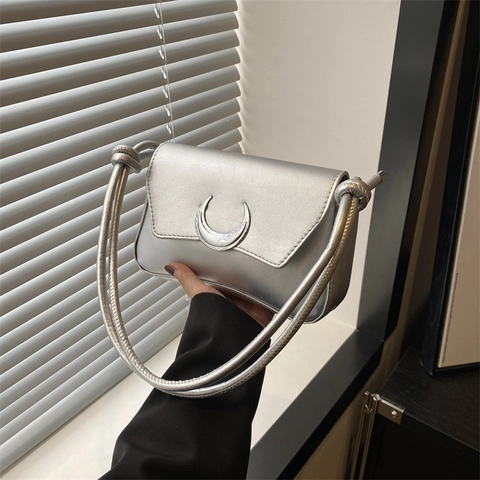 Women PU Leather Shoulder Bag Metal Crescent Moon Buckle Fashion Underarm Crossbody Purse Knotted Strap Daily Streetwear