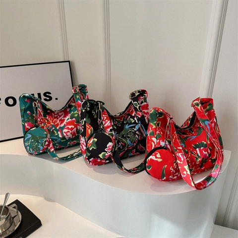 Sac À Épaule Femme Imprimé Fleuri Nylon Toile Sac Hobo Avec Mini Pochette Ronde Assortie Bandoulière Réglable Style Ethnique