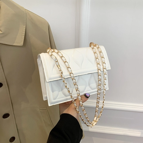 Gesteppte Schultertasche Für Damen PU-Leder Wassertropfen-Textur Goldkette Klappe Kleine Quadratische Umhängetasche