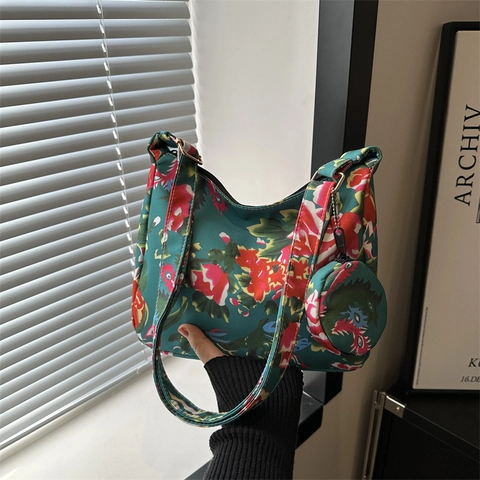Sac À Épaule Femme Imprimé Fleuri Nylon Toile Sac Hobo Avec Mini Pochette Ronde Assortie Bandoulière Réglable Style Ethnique