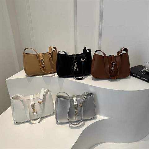 Retro Underarm Shoulder Bag PU Leather Metal Piston Hook Clasp Adjustable Strap Fashion Hobo Baguette Bag For Women