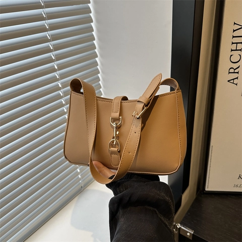 Bolso de Hombro Minimalista de Cuero PU para Mujer con Cierre de Gancho Metálico Color Sólido Moda Retro Baguette