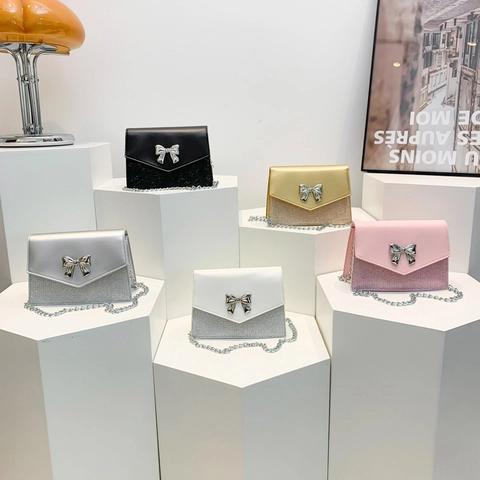 Bow Decor Crossbody Bag PU Leather Glitter Splicing Shoulder Bag Metal Chain Strap Chic Mini Square Bag For Women