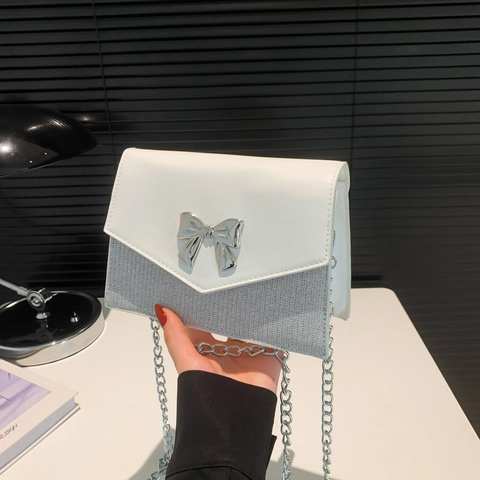 Bow Decor Crossbody Bag PU Leather Glitter Splicing Shoulder Bag Metal Chain Strap Chic Mini Square Bag For Women