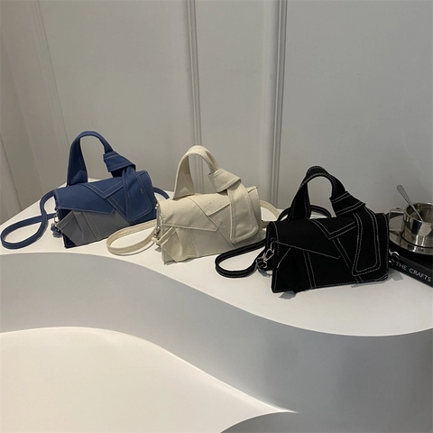Patchwork Denim Canvas Umhängetasche Kontrastnähte Knotengriff Dekonstruierte Schulterhandtasche Für Damen