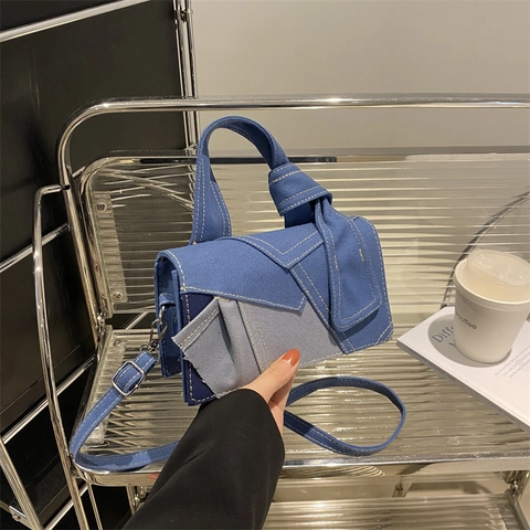 Patchwork Denim Canvas Umhängetasche Kontrastnähte Knotengriff Dekonstruierte Schulterhandtasche Für Damen
