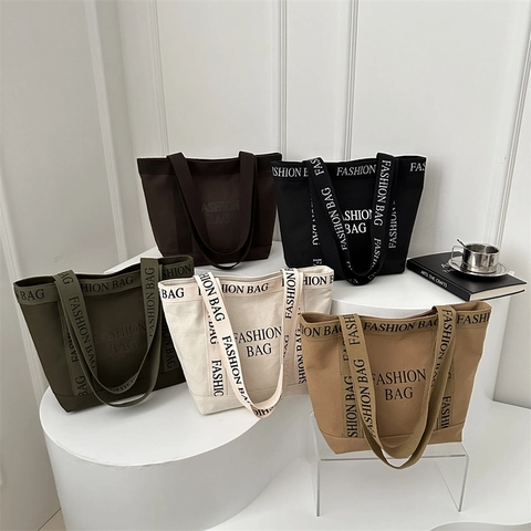 Canvas Tote Bag Large Capacity Letter Print Shoulder Bag For Women Daily Commute School Handbag Zipper Closure