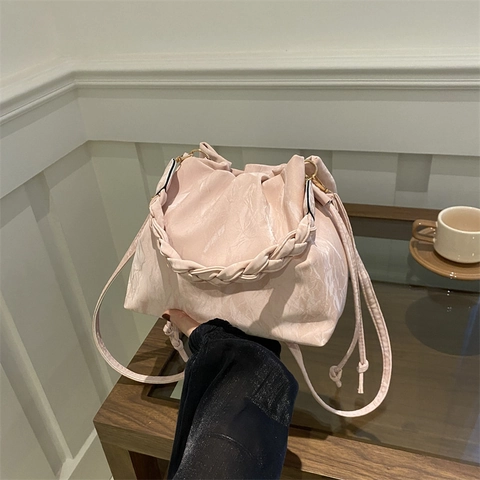 Borsa a Secchiello Plissettata da Donna Pelle Poliuretano Manico Intrecciato Coulisse Borsa a Tracolla Per Quotidiano Piccolo Sacco