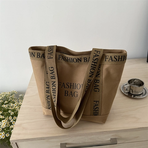 Canvas Tote Bag Large Capacity Letter Print Shoulder Bag For Women Daily Commute School Handbag Zipper Closure