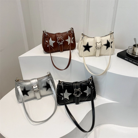 Borsa Sottobraccio da Donna con Decorazione a Stella Y2K Pelle PU Borsa a Tracolla Fibbia a Stella Cuciture a Contrasto Moda