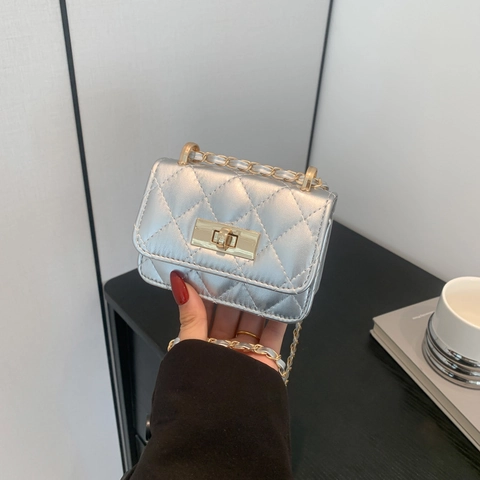 Quilted Rhombus Mini Crossbody Bag PU Leather Chain Strap Metal Turn Lock Chic Elegant Shoulder Bag For Women