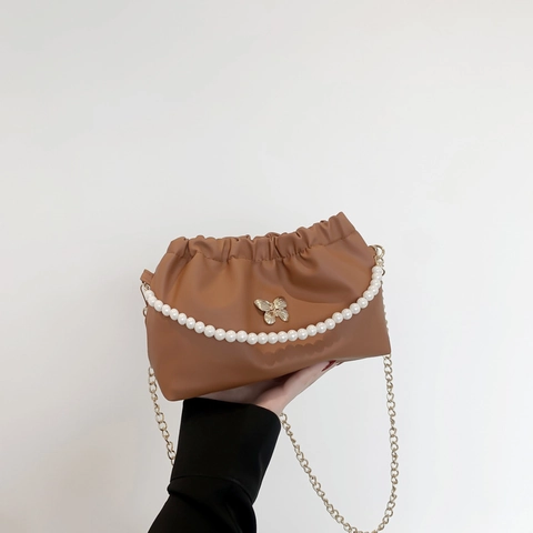 Women Pleated Cloud Shoulder Bag PU Leather Butterfly Buckle Artificial Pearl Chain Crossbody Elegant Fashion Handbag