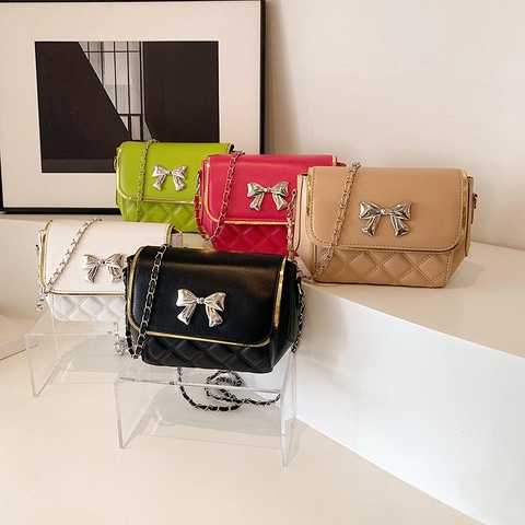 Women Diamond Quilted Crossbody Bag With Metallic Bow PU Leather Small Square Shoulder Purse Chain Strap Trendy Handbag