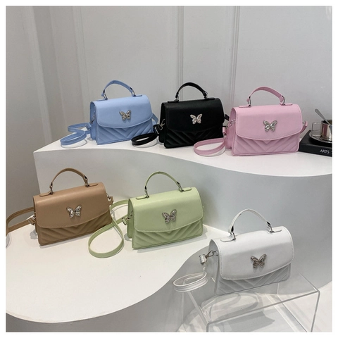 Women PU Leather Shoulder Crossbody Bag Chevron Quilted Butterfly Metal Buckle Top Handle Small Square Fashion Purse