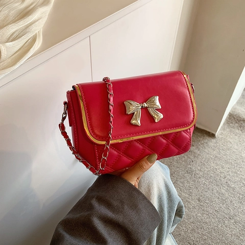 Women Diamond Quilted Crossbody Bag With Metallic Bow PU Leather Small Square Shoulder Purse Chain Strap Trendy Handbag