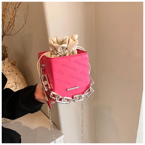 Women PU Leather Bucket Bag Square Cylindrical Drawstring Silver Chain Embossed Letter Shoulder Crossbody Handbag