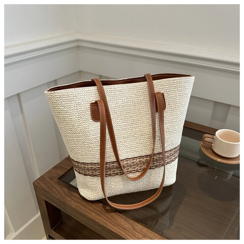 Damen Stroh Strandtasche Groß Vintage Französisch Pastoralen Stil Schultertasche Mit Spitze Und Ledergriffen