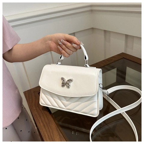 Women PU Leather Shoulder Crossbody Bag Chevron Quilted Butterfly Metal Buckle Top Handle Small Square Fashion Purse