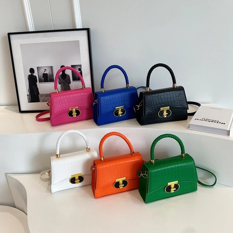 Women Crocodile Pattern Handbag With Woven Handle And Gold T-Lock Small Crossbody Bag