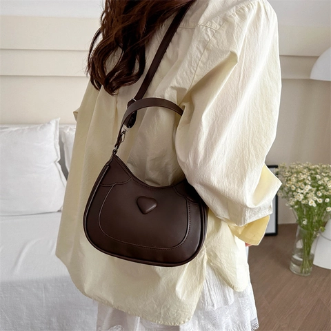 Sac À Bandoulière Pour Femmes En Cuir PU Décor De Coeur Croissant Demi-Lune Sac À Main Chic Minimaliste