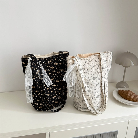 Bloemenprint Tote Bag Grote Capaciteit Canvas Schoudertas Met Kant Strik Decoratie Voor Dames