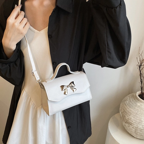Mini Umhängetasche Für Damen PU Leder Saffiano Textur Handtasche Kleine Quadratische Tasche Metall Schleife Deko