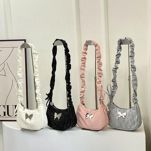 Schmetterling Deko Unterarmtasche PU Geraffter Trageriemen Halbmond Schultertasche Für Damen Trendy Chic