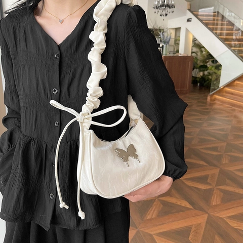 Schmetterling Deko Unterarmtasche PU Geraffter Trageriemen Halbmond Schultertasche Für Damen Trendy Chic