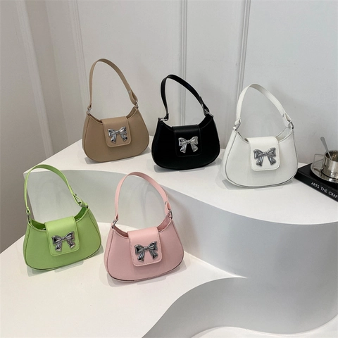 Women PU Leather Hobo Underarm Bag Silver Metal Bow Half Moon Fashion Shoulder Handbag
