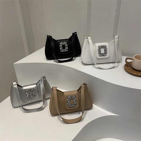 Dames Okseltas Baguette Tas PU Leer Strass Vierkante Gesp Mode Schoudertas Crossbody Tas Franse Stijl