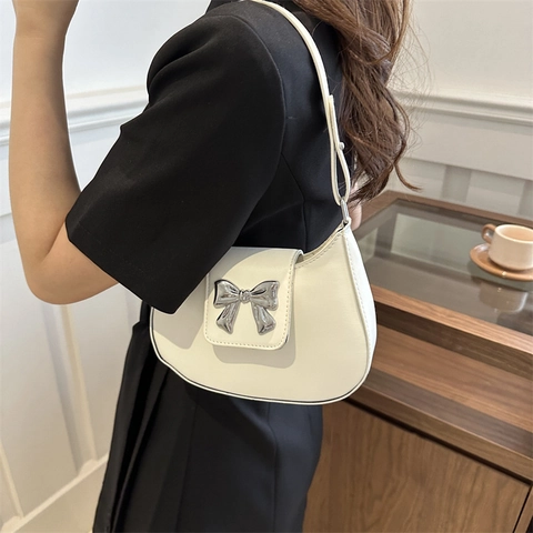 Women PU Leather Hobo Underarm Bag Silver Metal Bow Half Moon Fashion Shoulder Handbag