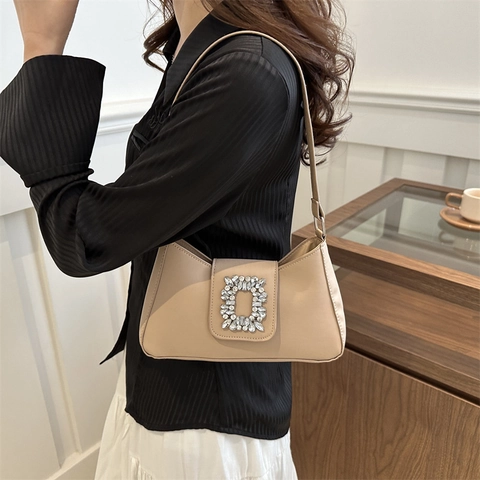 Dames Okseltas Baguette Tas PU Leer Strass Vierkante Gesp Mode Schoudertas Crossbody Tas Franse Stijl