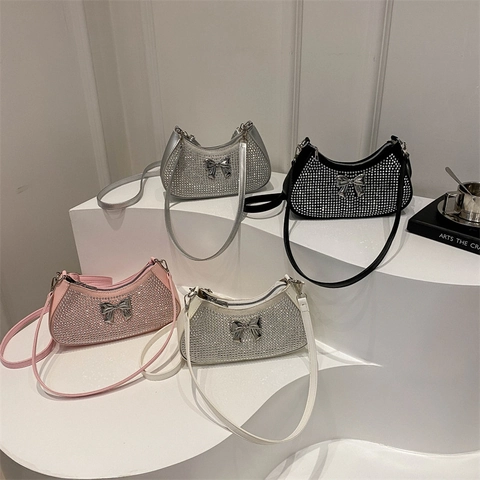 Strass Halbmond Unterarmtasche Für Damen PU Leder Mit Metallschleife Funkelnde Y2K Stil Schultertasche