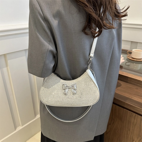 Strass Halbmond Unterarmtasche Für Damen PU Leder Mit Metallschleife Funkelnde Y2K Stil Schultertasche