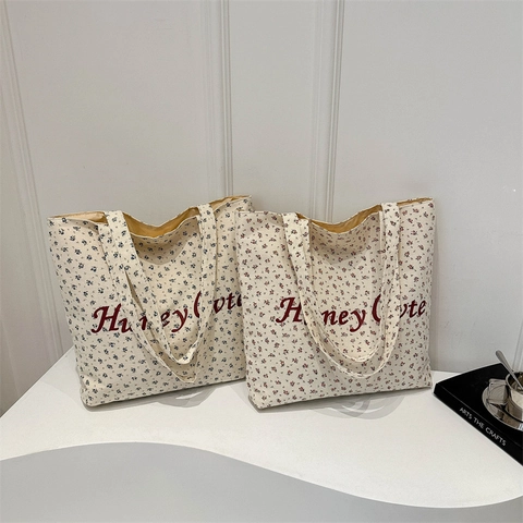 Sac Fourre-Tout En Toile À Imprimé Fleuri Grande Capacité Sac À Main Vintage Style Français Imprimé Lettres Décontracté