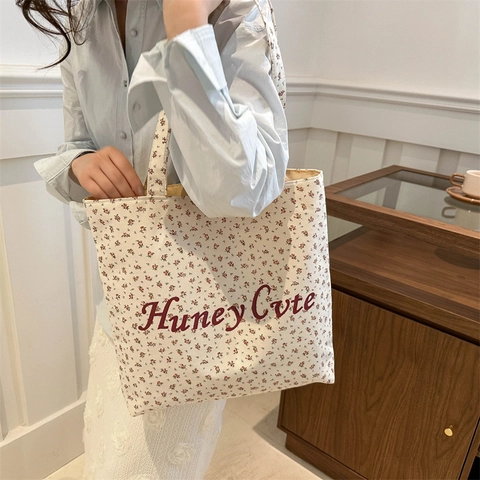 Sac Fourre-Tout En Toile À Imprimé Fleuri Grande Capacité Sac À Main Vintage Style Français Imprimé Lettres Décontracté
