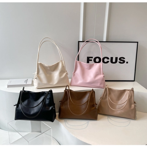 Γυναικεία Casual Μαλακή Τσάντα Tote από Δέρμα PU Μινιμαλιστική Τσάντα Ώμου Μεγάλης Χωρητικότητας Με Πλαϊνούς Κόμπους Κορδονιού