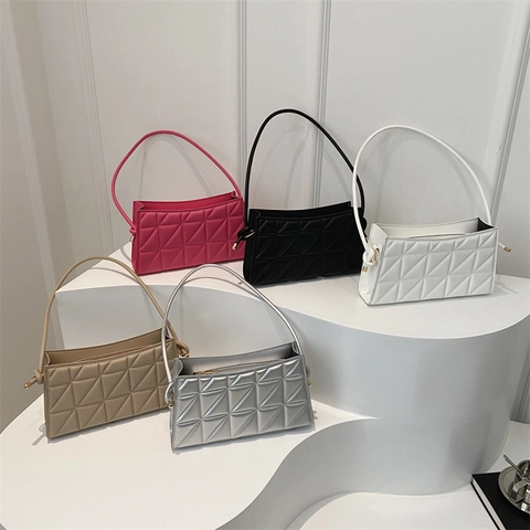 Quilted Crossbody Bag Triangle Pattern PU Leather Geometric Shoulder Underarm Handbag Trendy Solid Color Women