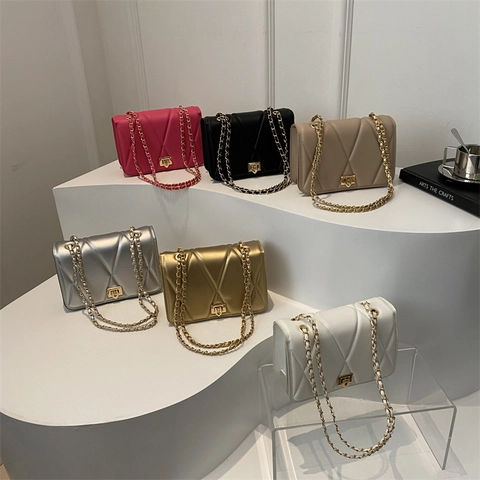 Women Quilted Crossbody Bag PU Leather Geometric Stitching Gold Chain Strap Square Flap Shoulder Bag Elegant Fashion