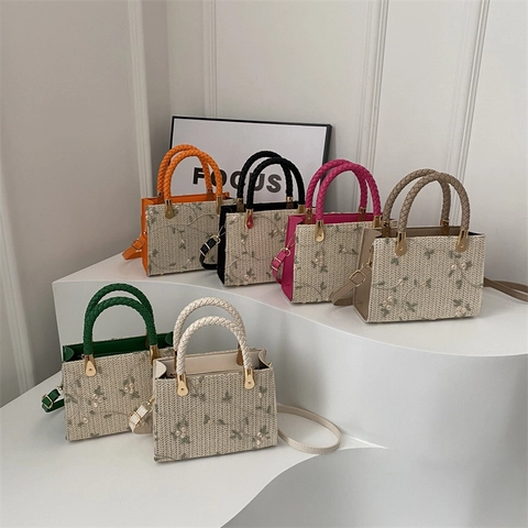 Floral Embroidery Straw Woven Handbag Small Square Crossbody Bag With Braided Handle PU Leather Strap For Women Elegant