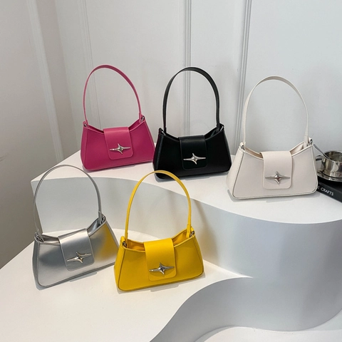 Women Baguette Underarm Bag PU Leather Shoulder Handbag With Metal Star Buckle Y2K Chic Solid Color Trendy