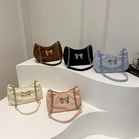 Damen Unterarm Hobo Tasche PU Leder Große Metallschleife Silberkette Schulter Umhängetasche Chic Trendy Y2K Reißverschluss