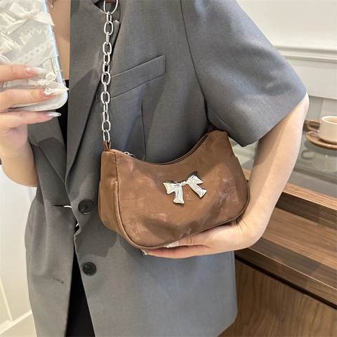Damen Unterarm Hobo Tasche PU Leder Große Metallschleife Silberkette Schulter Umhängetasche Chic Trendy Y2K Reißverschluss