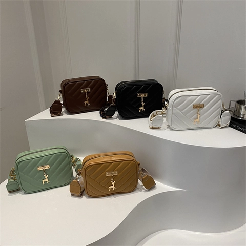 Women Crossbody Bag PU Leather V-Shaped Quilted Gold Deer Charm Wide Patterned Strap Fashion Square Camera Bag