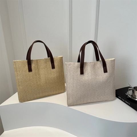 Borsa Tote In Paglia Intrecciata Da Donna Manici In Pelle PU Marrone Motivo A Spina Di Pesce Grande Capacità Borsa Da Spiaggia
